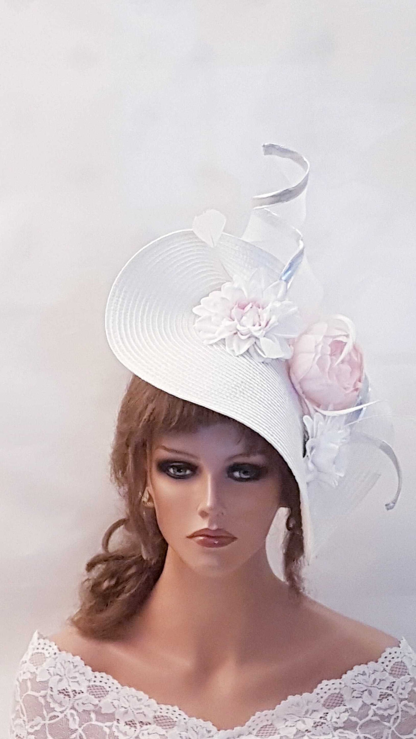 Hats & Fascinators for Mother of the Bride White & Pink large Hat