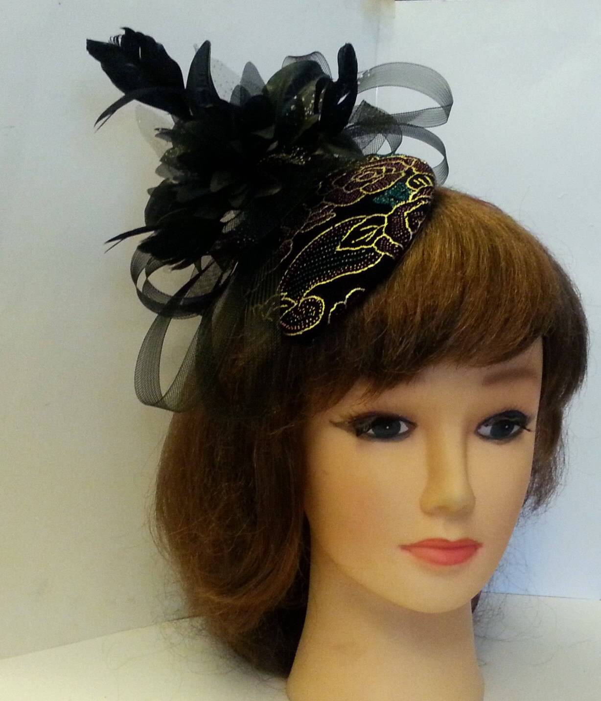 Black Fascinator hat Vintage 1940s-50s Fascinator hat Black foil