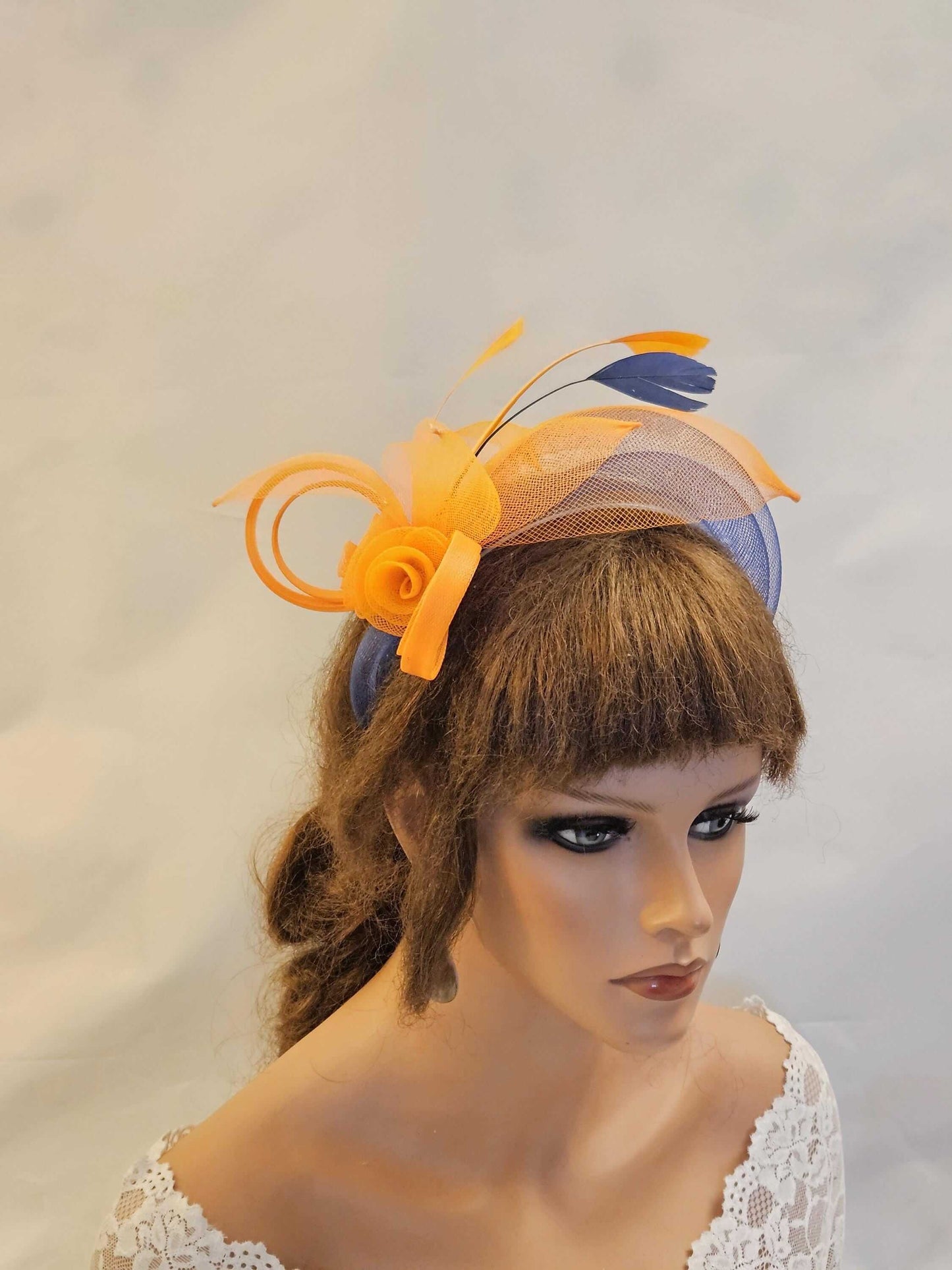 Orange and Navy Headband Fascinator for Special occasion. Wedding Mother of Bride Headpiece