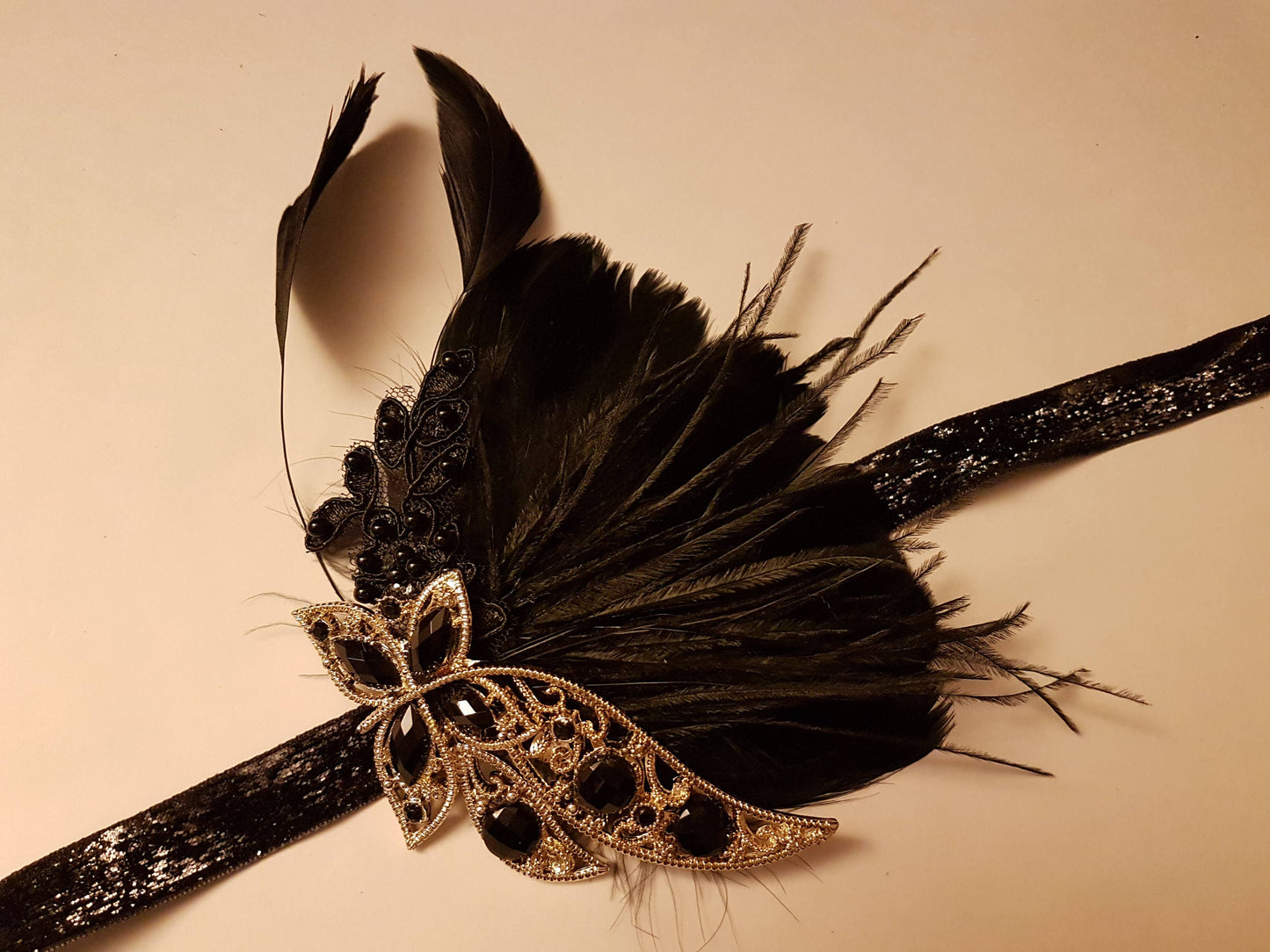 Gatsby Headband, 1920s Flapper Headpiece, 1920s 40s boho headband, Black, Blue,Clear,Pink,Purple,Champagne Crystal Gatsby Feather Headband