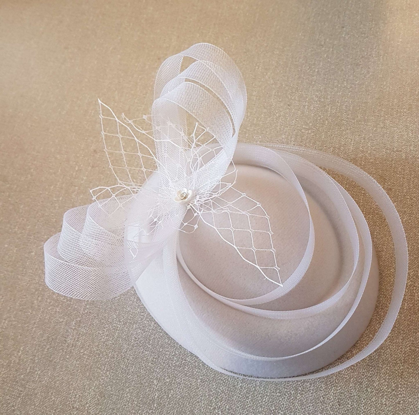 WHITE fascinator hat with birdcage veil and crinoline bows, vintage bridal headpiece.