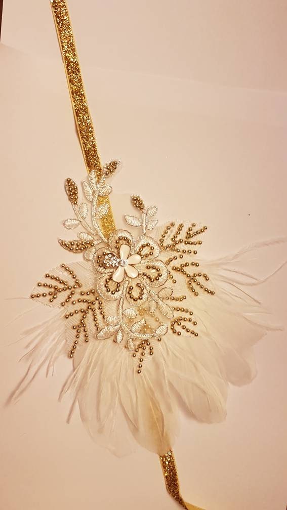 Gatsby Headband 1920s Flapper Headpiece Bridal wedding fascinator Silver or Gold Beaded Gatsby Feather Headpiece sparkly boho hairpiece