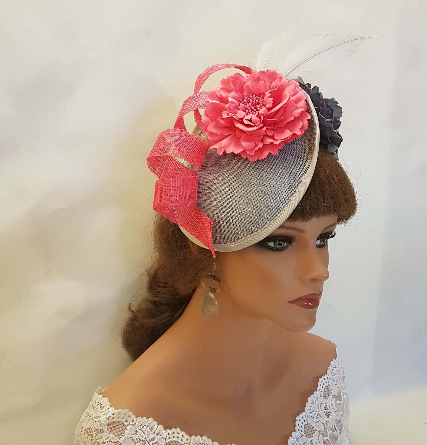 GREY & PINK Hat FASCINATOR with Feathers, Grey and Pink flowers Wedding,Mother of bride an Groom Derby,Ascot Cocktail Ladies hat fascinator