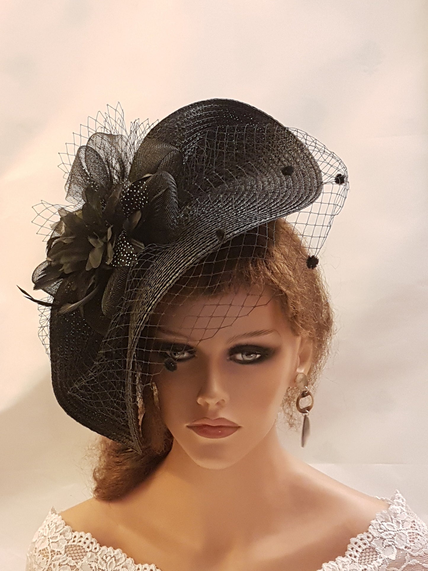 Black Fascinator Hat with Feathers,Flowers.Headwear for Weddings & Races,Halloween,Ladies Headpiece Perfect for Special Occasions and Events