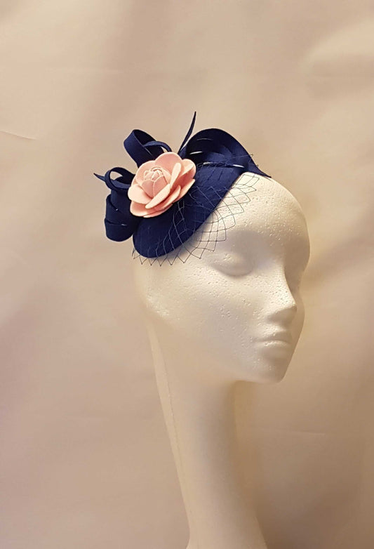 Fascinator Royal Blue Mini Felt like Teardrop hat Fascinator with Felt Loops French netting mini veil and Pink Felt Rose