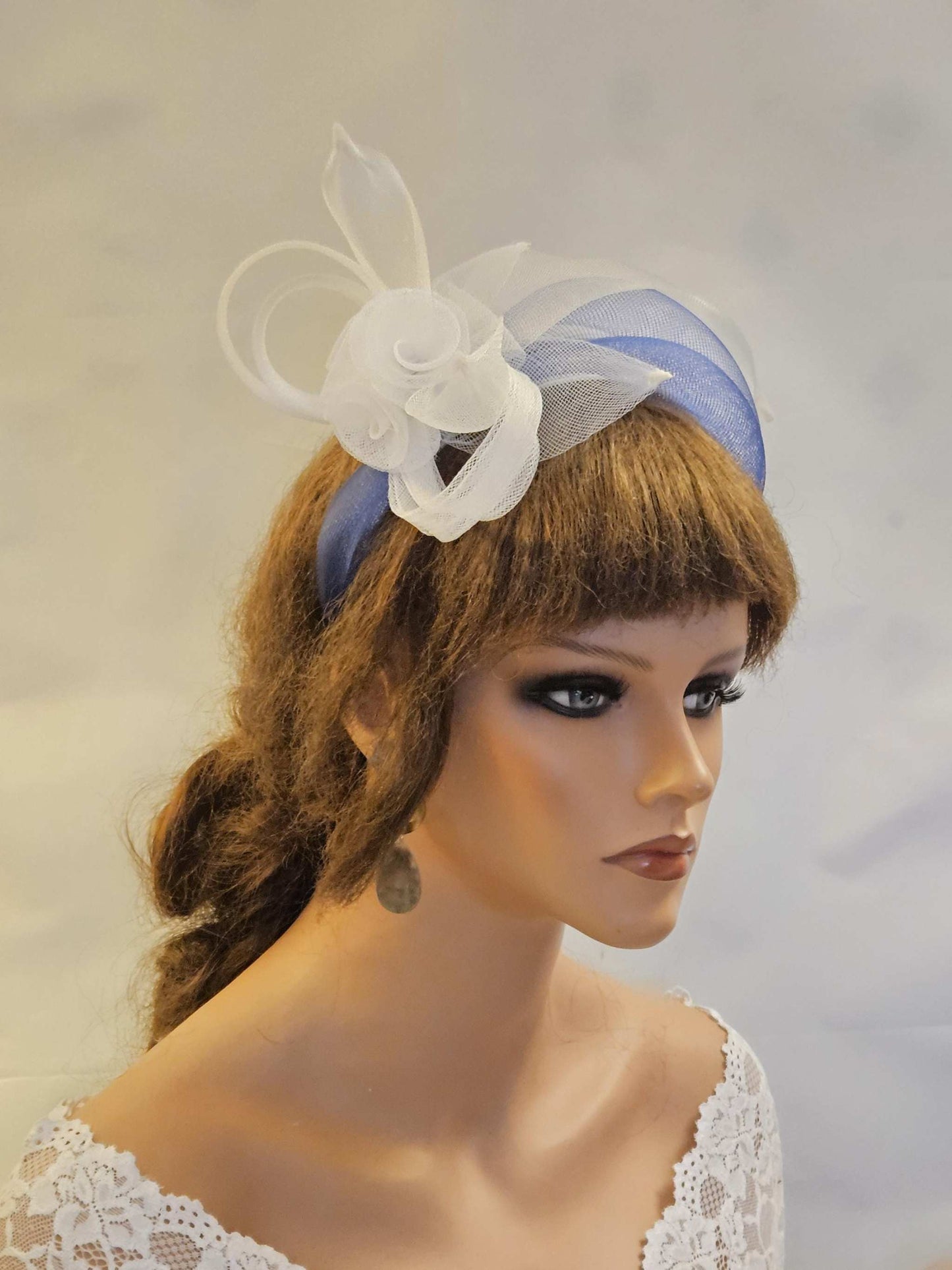 WHITE & NAVY Blue Crinoline HEADBAND Fascinator.Race,TeaParty, headpiece. Wedding guest,Mother of Bride Headdress