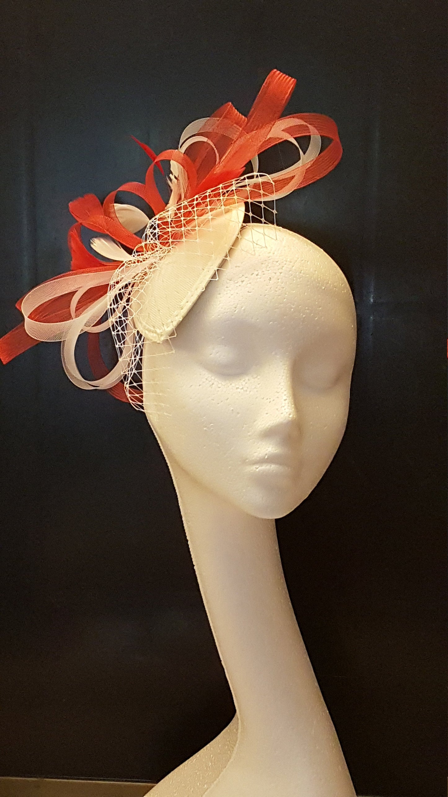 Fascinator, RED & WHITE Teardrop Hat fascinator Mini VEIL #Red and White Ascot hat fascinator,Wedding, Race, Cocktail, Church hat fascinator