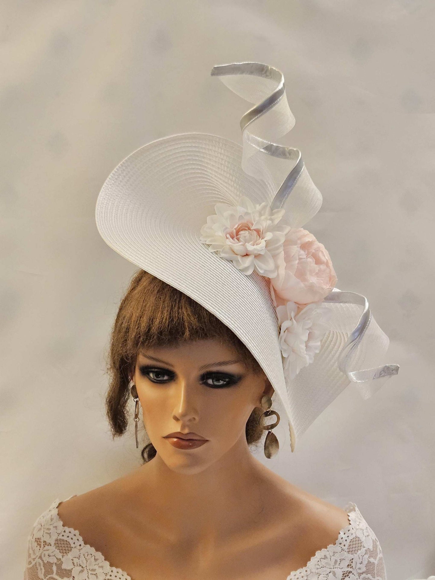 Hats & Fascinators for Mother of the Bride White & Pink large Hat