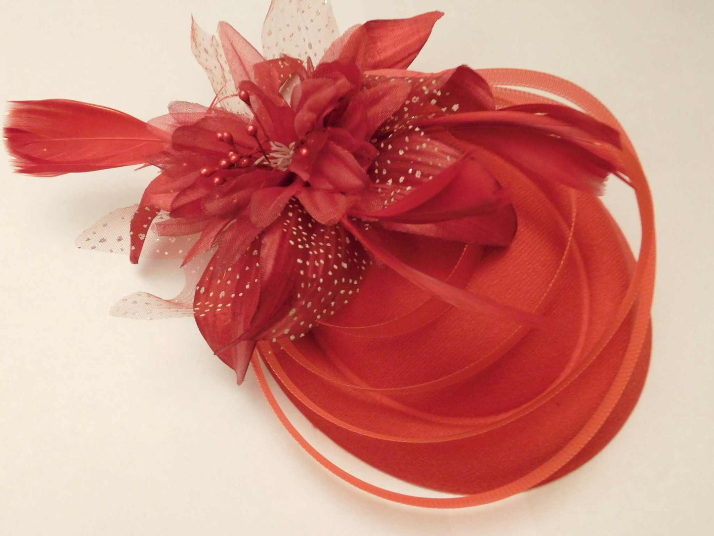 Red fascinator hat, 40s,50s RED Feather Pillbox hatinator