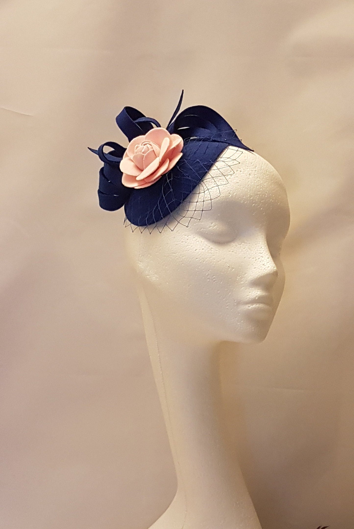 Fascinator Royal Blue Mini Felt like Teardrop hat Fascinator with Felt Loops French netting mini veil and Pink Felt Rose