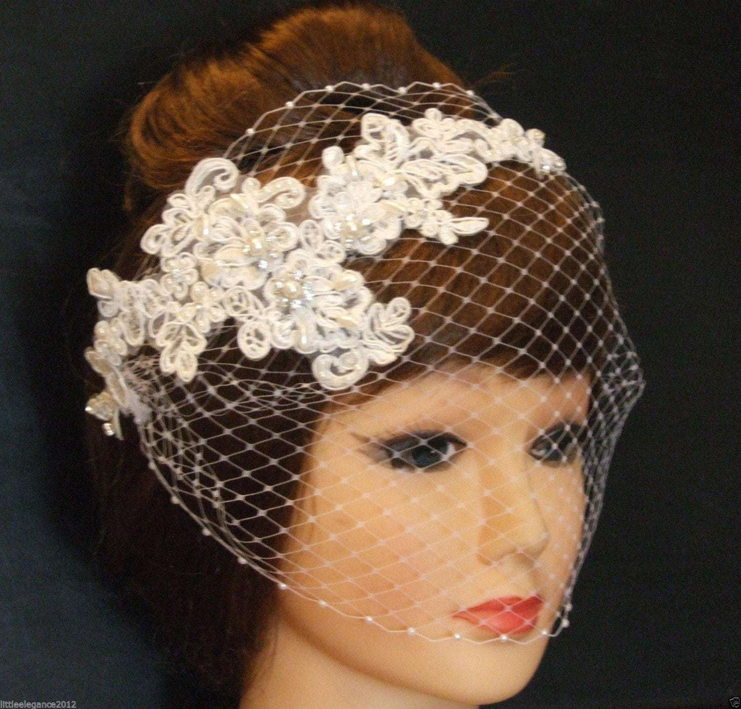 Bridal birdcage veil fascinator with Lace and pearls