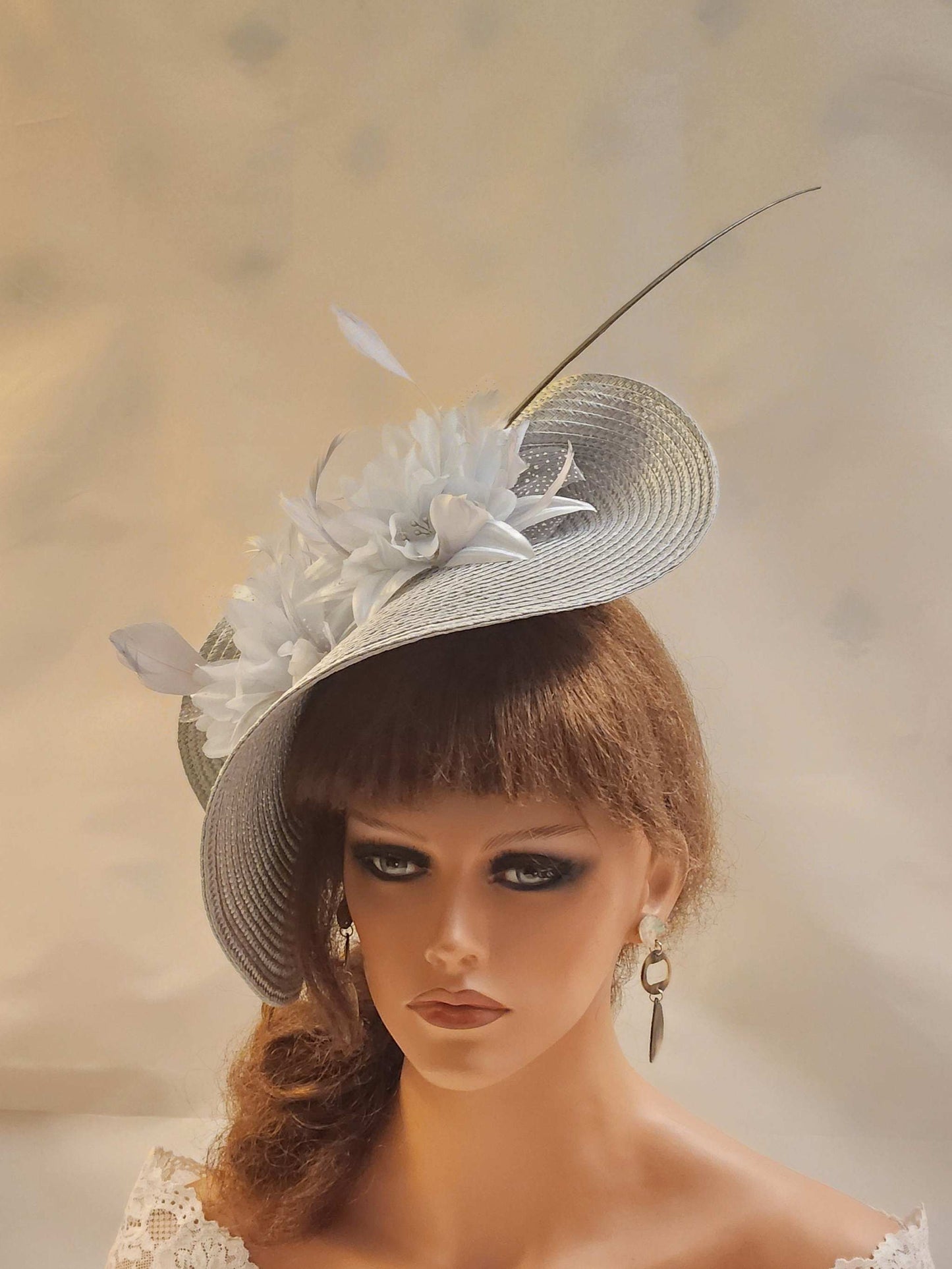 SILVER Grey fascinator with quill feather and silk flowers, perfect for weddings and races.