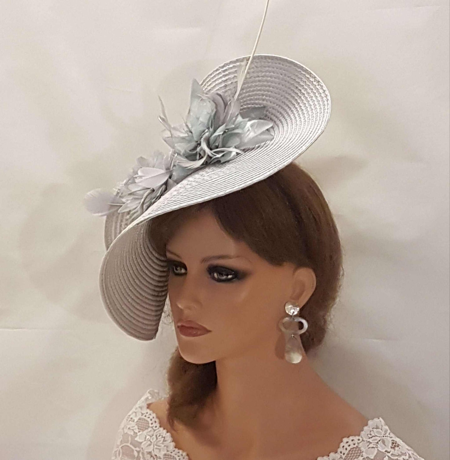 SILVER Grey fascinator with quill feather and silk flowers for weddings or special occasions.