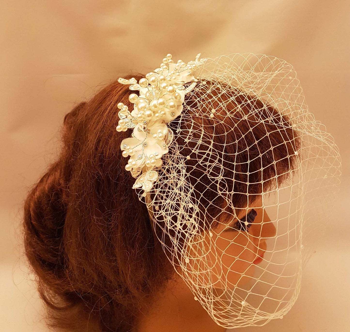 Birdcage veil White Ivory BIRDAL BIRDCAGE VEIL Lace fascinator Crystal & Pearl Wedding hair accessory Single or Double layer Blusherveil