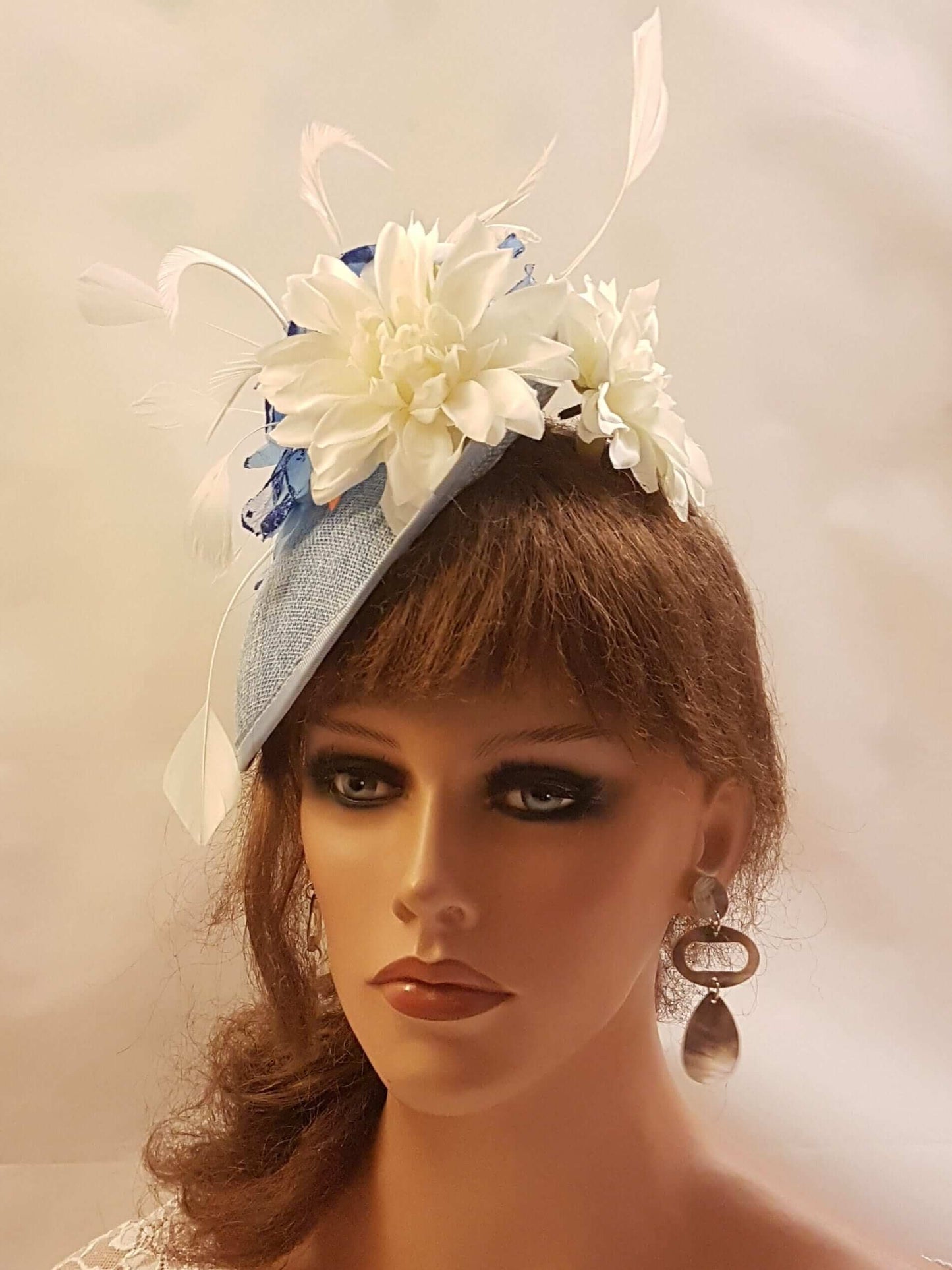 Blue & White fascinator large saucer hatinator Feather Floral Church Derby Ascot Race Wedding TeaParty hat Mother of Bride/Groom Hatinator