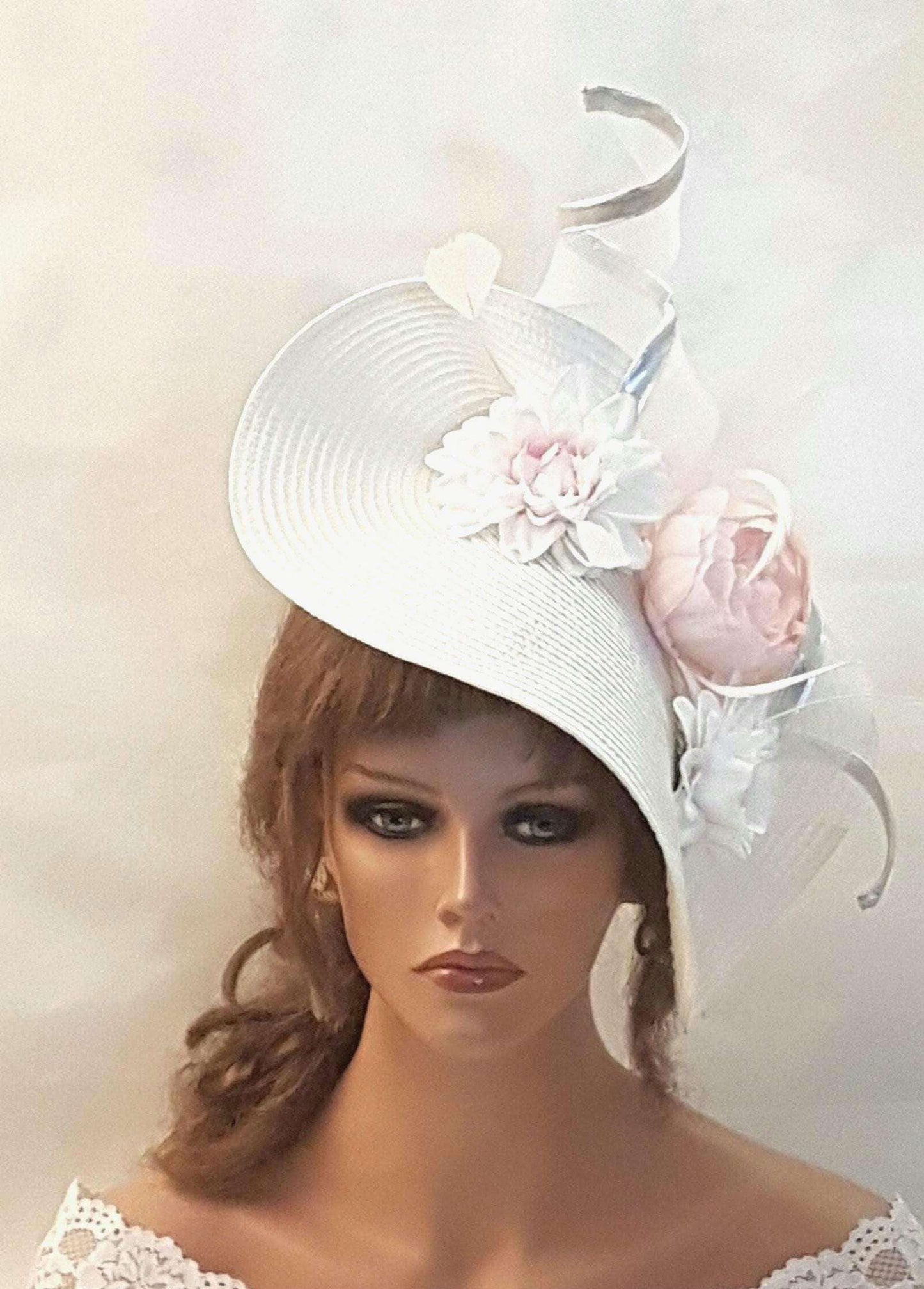 Hats & Fascinators for Mother of the Bride White & Pink large Hat