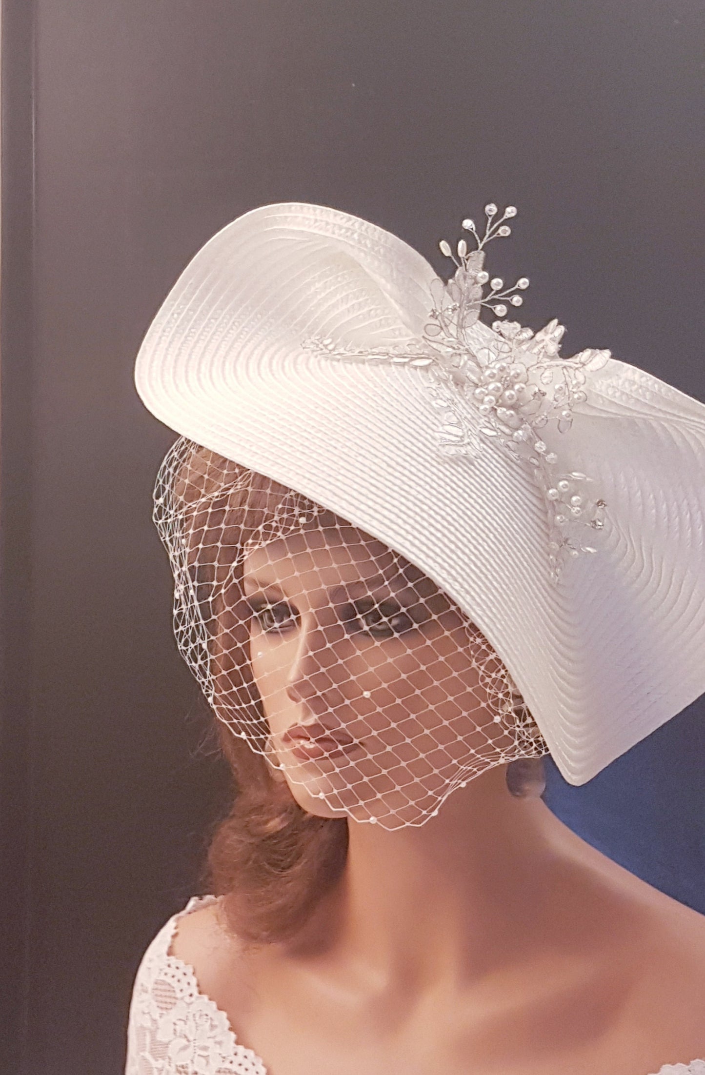 White Wedding fascinator Hat #White Birdcage Veil Bridal Headpiece. Modern Weddding Headdress. Derby Royal Ascot hat Church Mother of Bride hat - ELEGANCEFASCINATOR