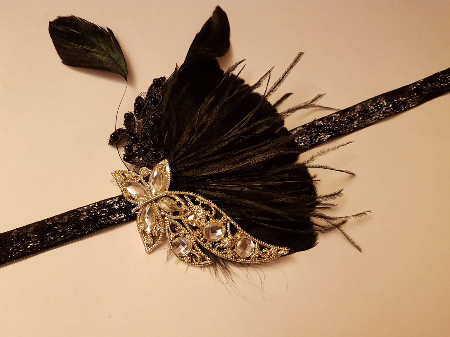 Gatsby Headband, 1920s Flapper Headpiece, 1920s 40s boho headband, Black, Blue,Clear,Pink,Purple,Champagne Crystal Gatsby Feather Headband