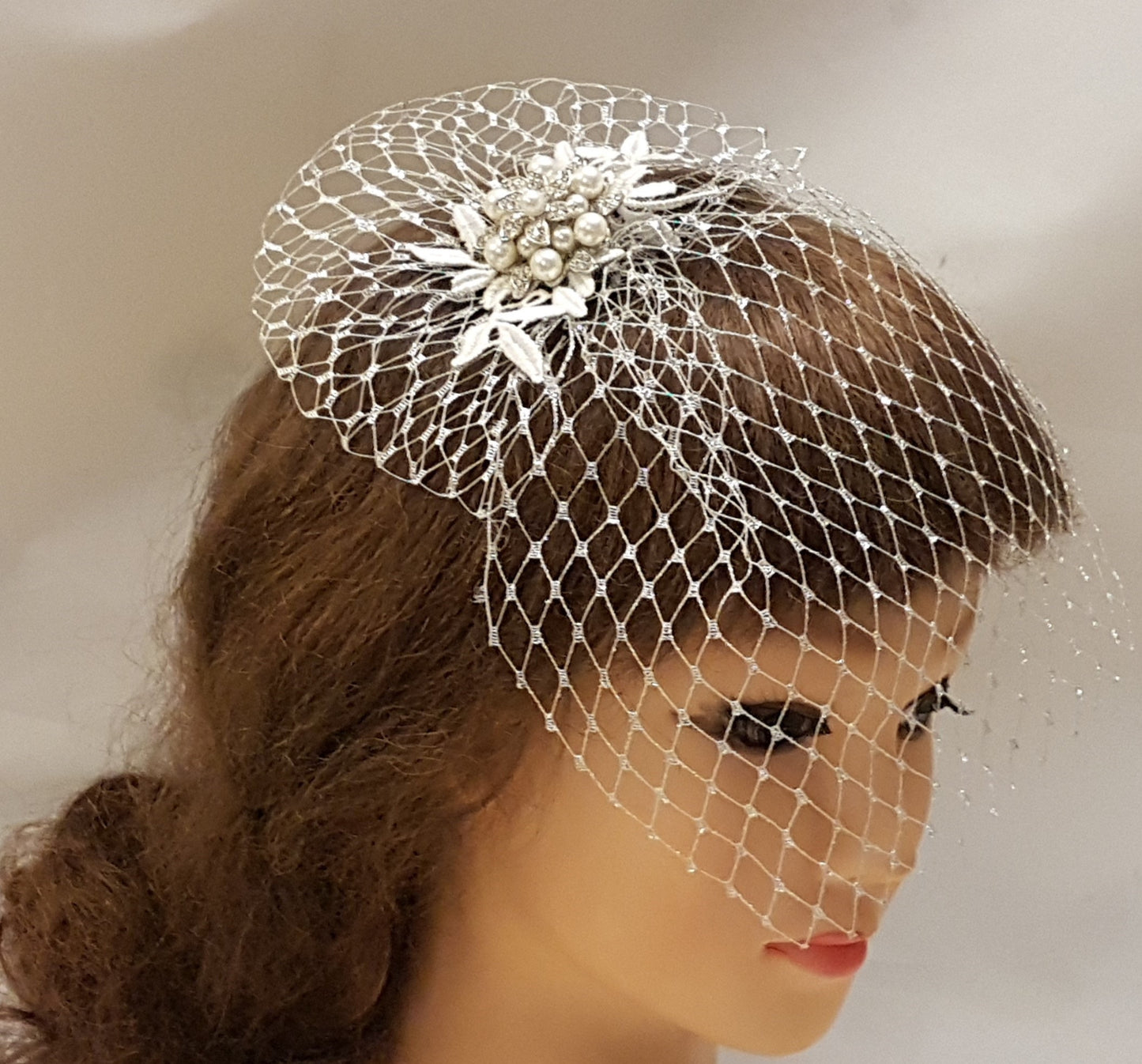 Velo a gabbia per uccelli, fard da sposa, stile anni '20, Boho Gatsby, cristallo per capelli da sposa, pettine e velo in argento metallizzato, copricapo con mini velo francese