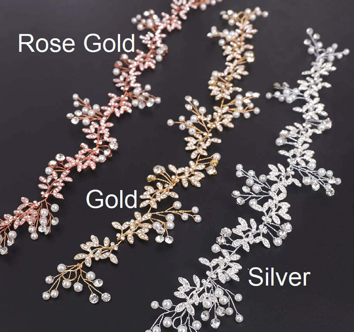 Bridal fascinator crystal vine headpiece in rose gold, gold, and silver with pearls.