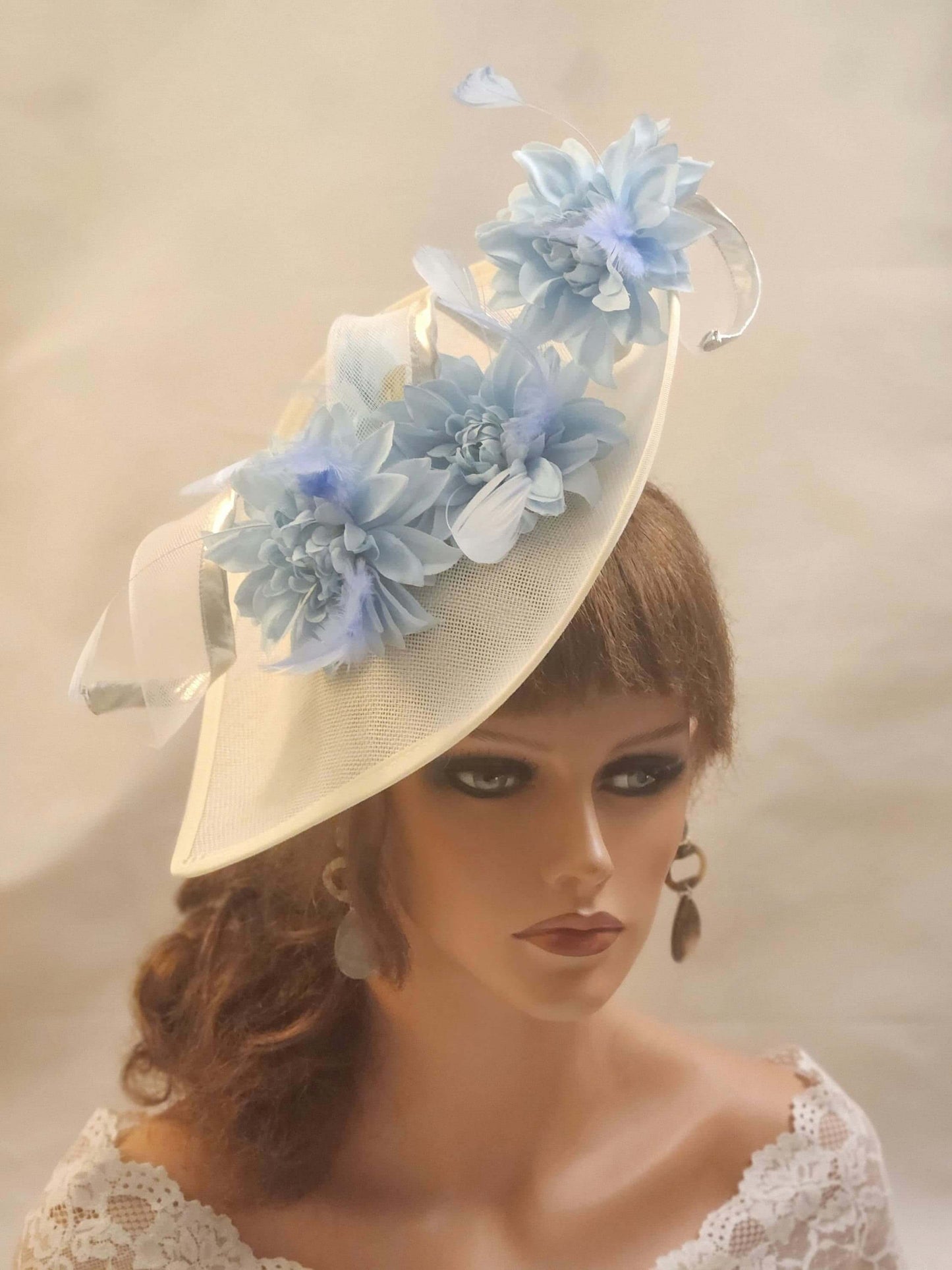 WHITE/ BLUE Fascinator Hat WHITE Teardrop hatinator long Swril Floral Church Derby Ascot Wedding Party Mother of Bride/Groom Fascinator Hat