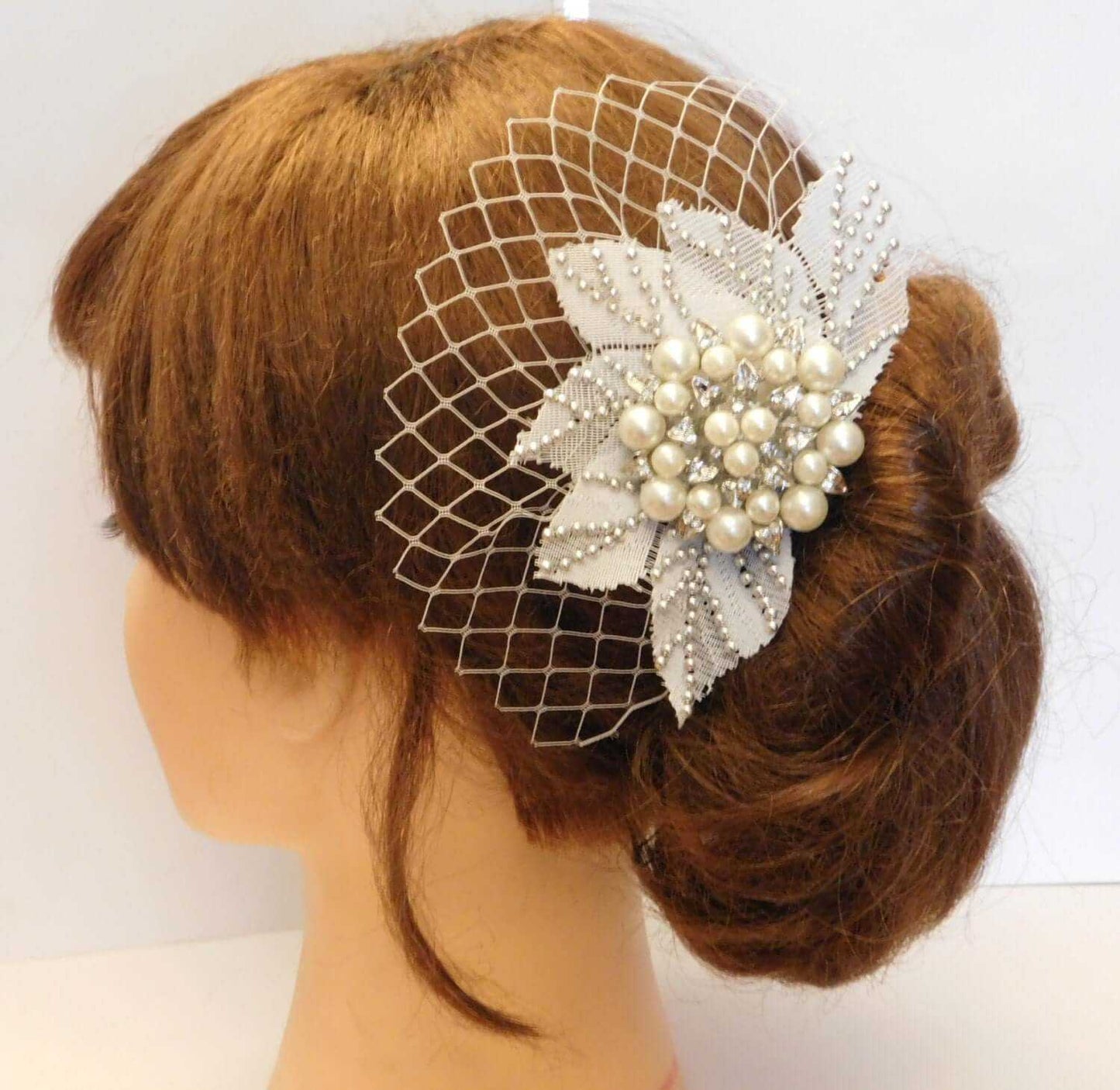 Bridal birdcage veil blusher with crystal pearl flower headpiece, 1920s Gatsby wedding fascinator in ivory or white.