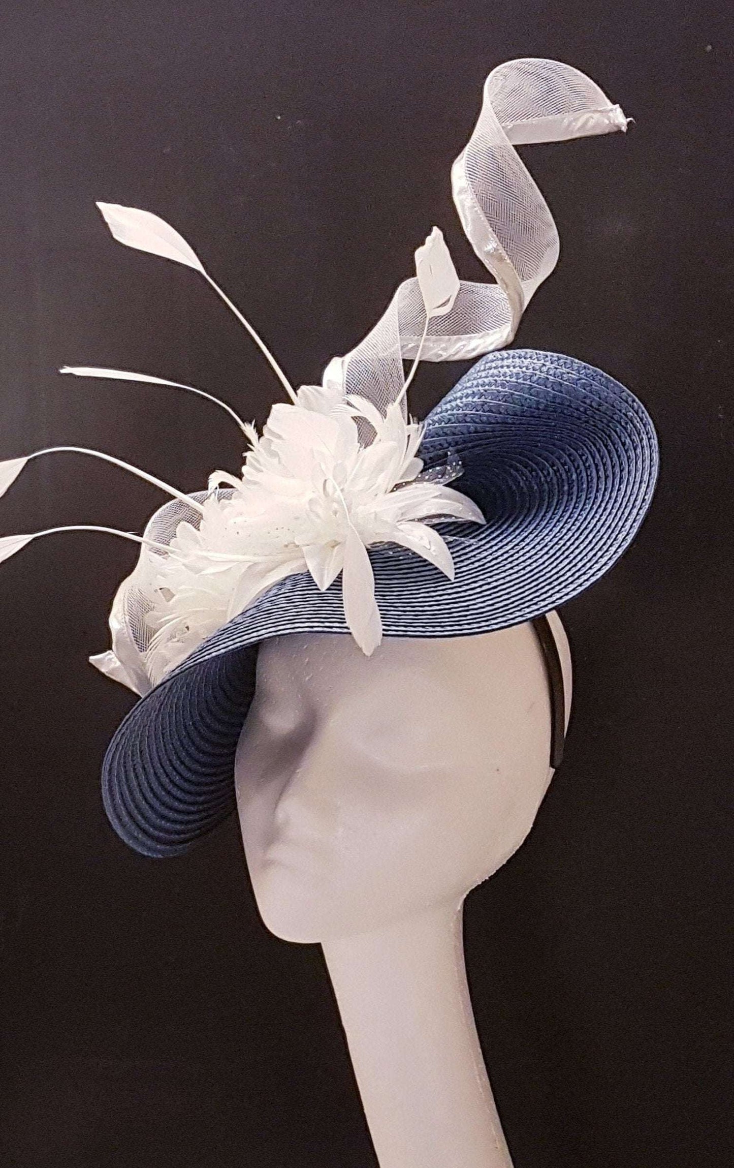 BLUE & WHITE HAT FASCINATOR with spiraled Crinoline