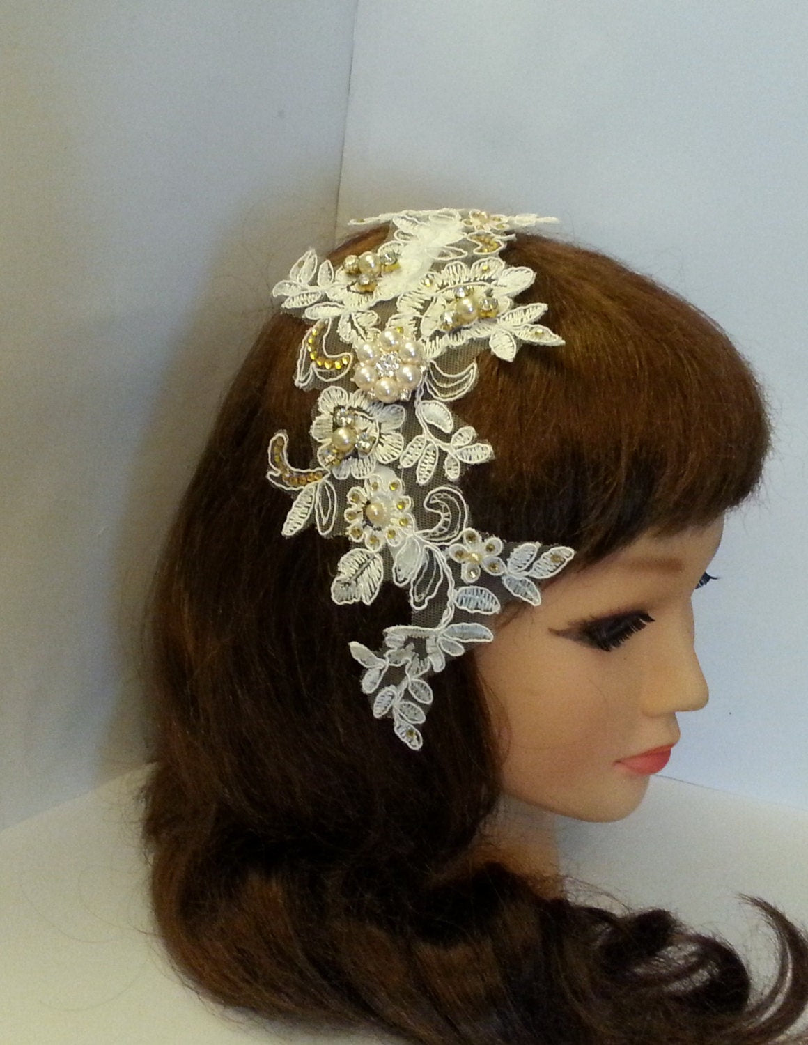 Velo a gabbia per uccelli e set di 2 fascinator bianco o avorio con pizzo staccabile Velo da sposa con perle diamantate color oro Velo fard