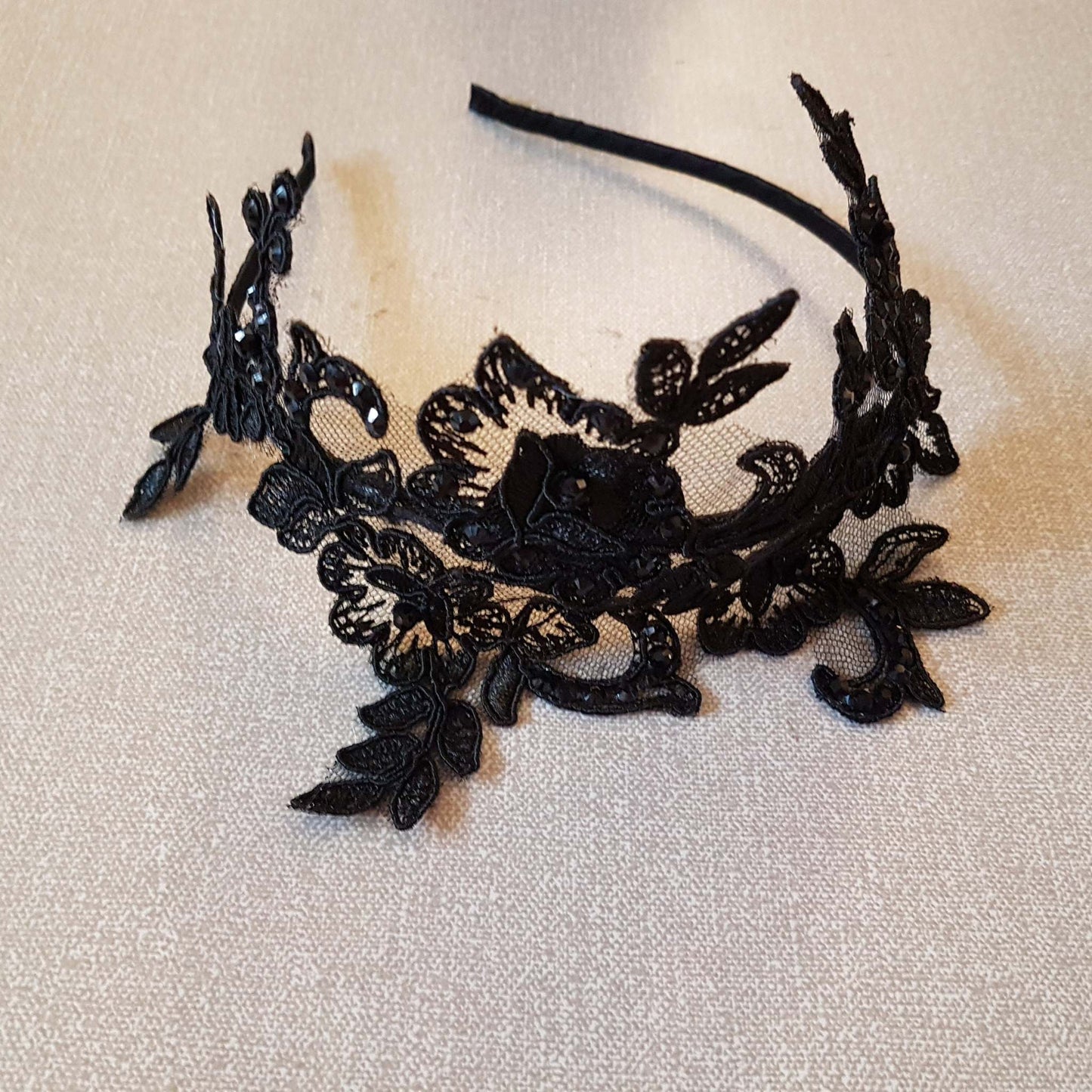 Black lace headband fascinator with floral design vintage wedding accessory