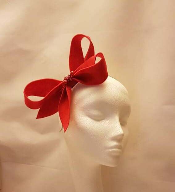 Red felt fascinator headband with bow and beads for weddings and special occasions