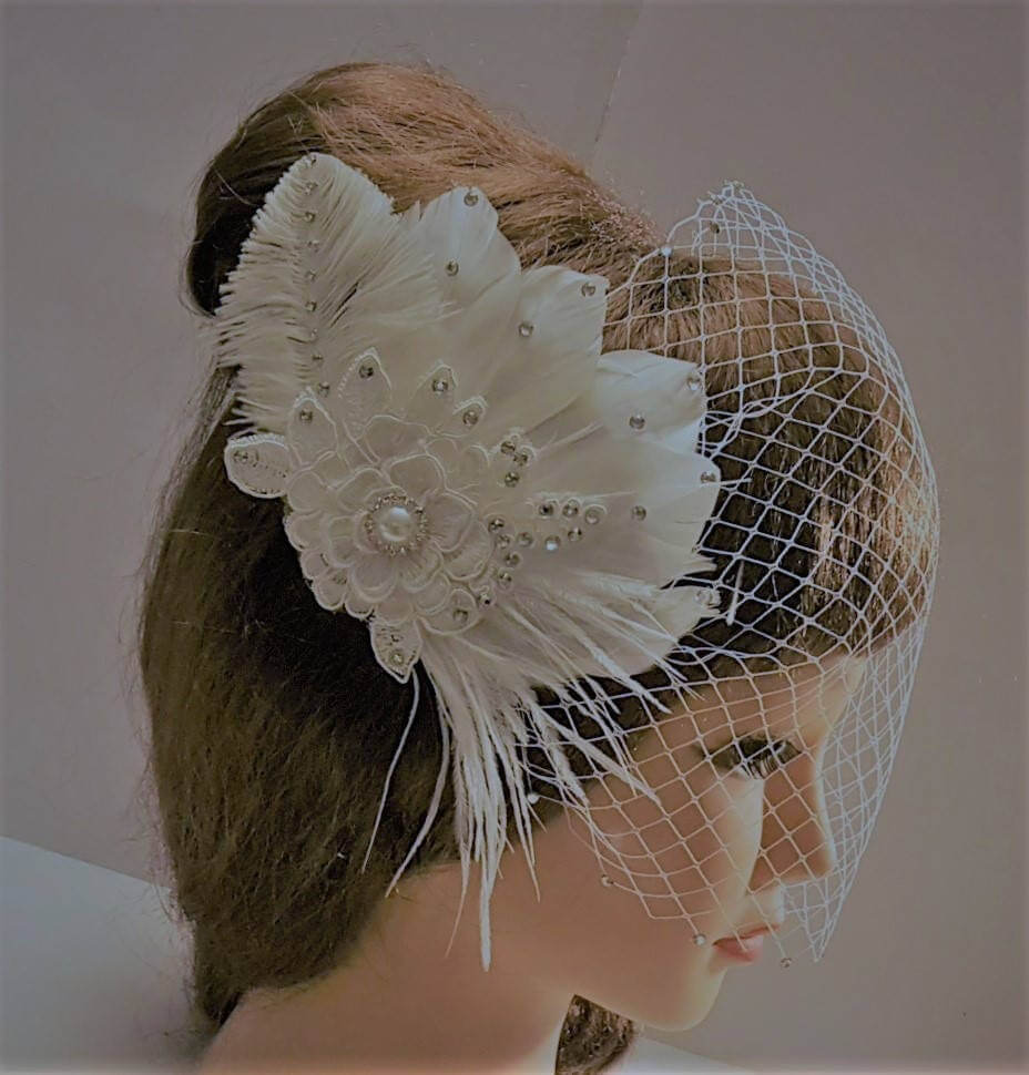 Bridal Feather fascinator & Birdcage veil