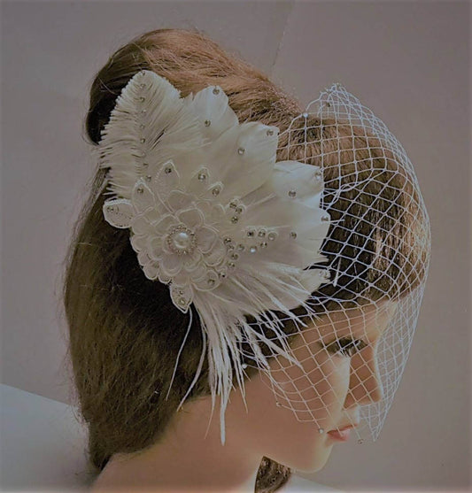 Bridal Feather fascinator & Birdcage veil