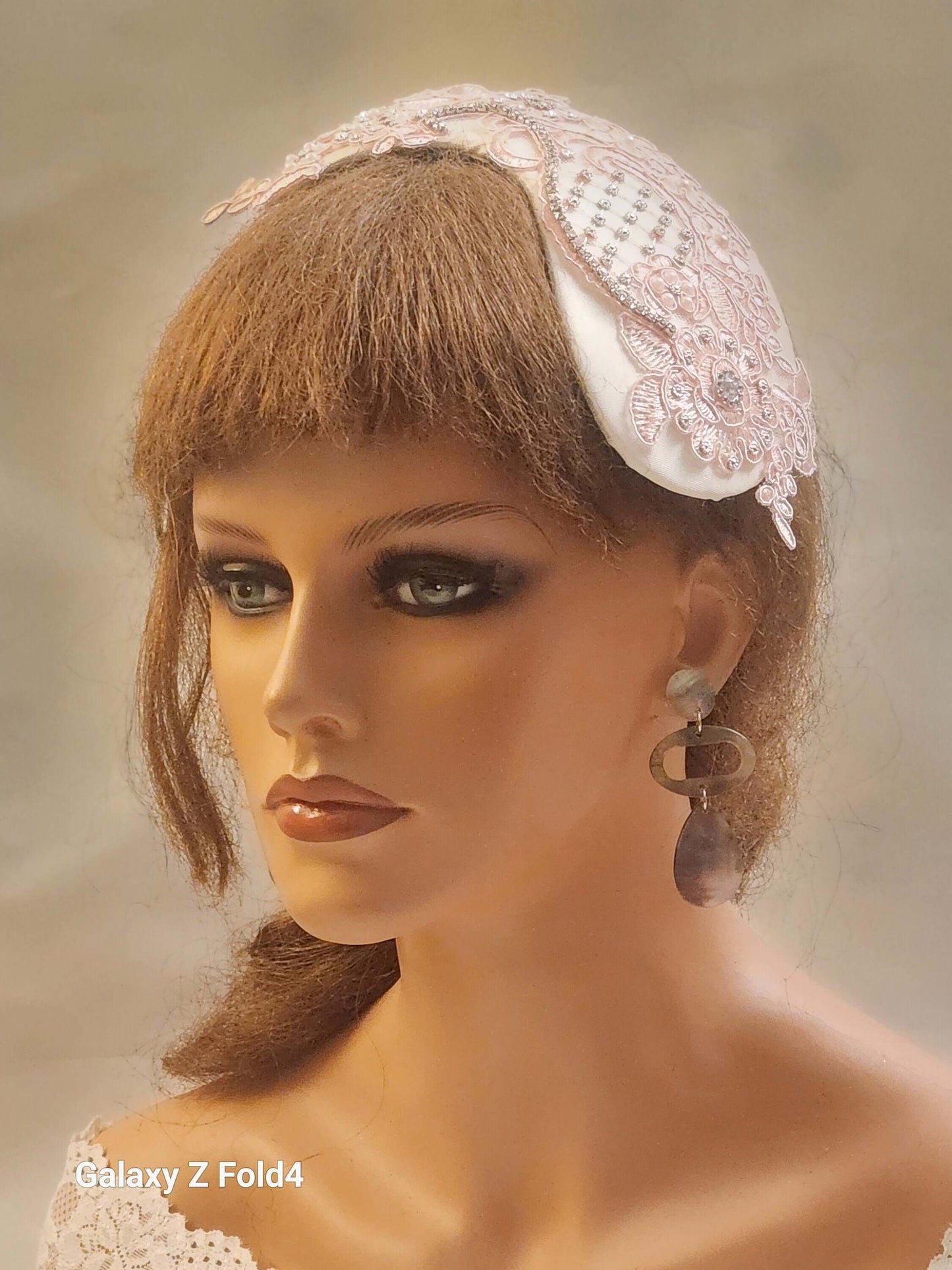 Bridal birdcage veil Hat fascinator White Ivory Champagne Pink hat with Pink motif. Bridal 2Pc set Veil & headpiece-ELEGANCEFASCINATOR