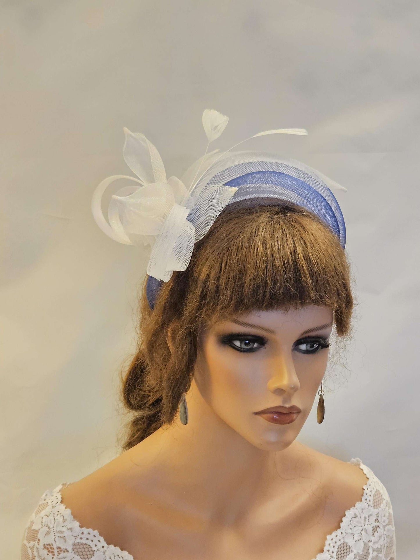 WHITE & NAVY Blue Crinoline HEADBAND Fascinator.Race,TeaParty, headpiece. Wedding guest,Mother of Bride Headdress