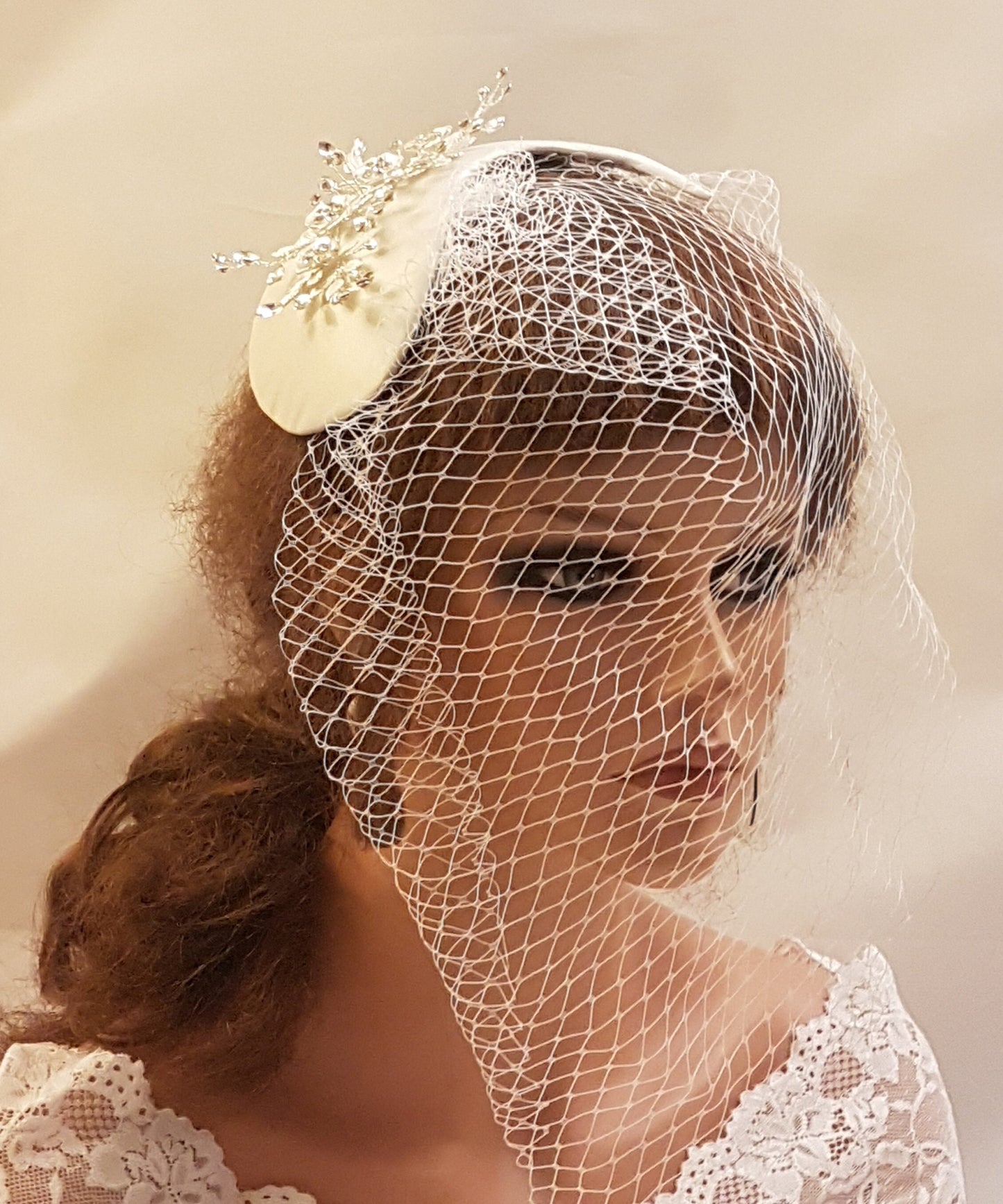 Bridal birdcage veil hat fascinator with crystals and pearls