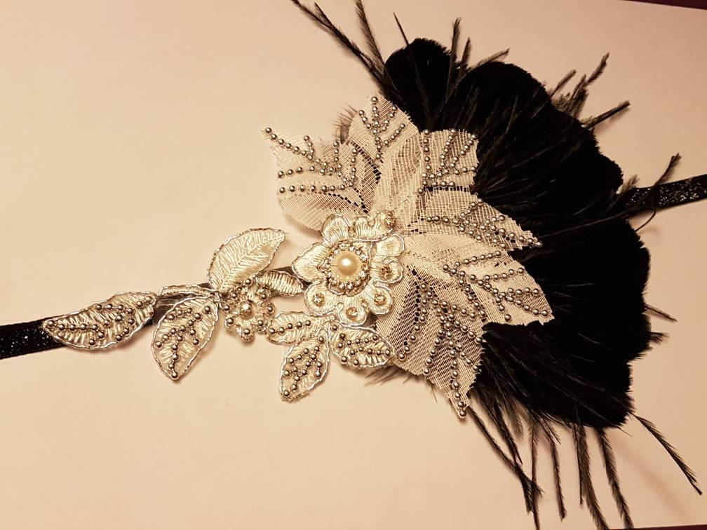 Gatsby Headband, 1920s Flapper Headpiece, Bridal wedding fascinator, Crystal Beaded Gatsby Feather Headband, 1920s 40s sparkly boho headband