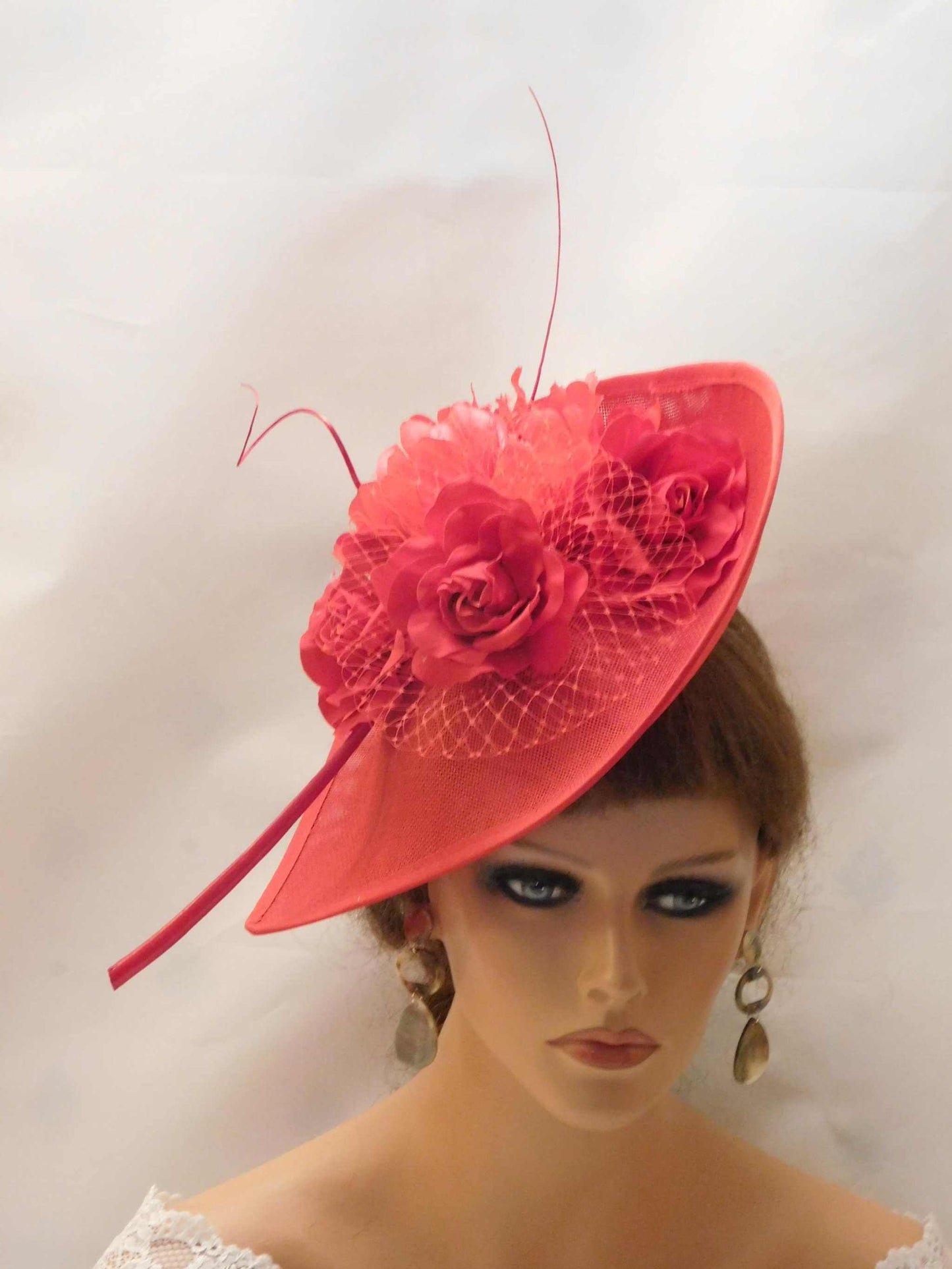 Red Fascinator Hat with Netting, Feathers & Flowers. perfect for Formal Events