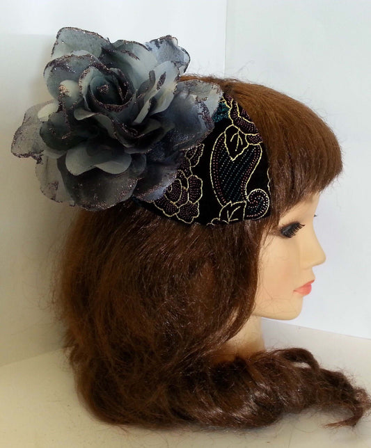 Black velvet Teardrop Hat Race hat Fascinator SILVER GREY Flower, weeding, Cocktail Prom Goodwood revival , Ascot hat