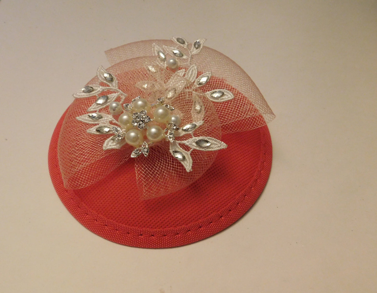 Pink Hat Fascinator with pink Bows Crystal Lace and Pearl jewel Wedding,Goodwood revival,Cocktail,Prom hat fascinator