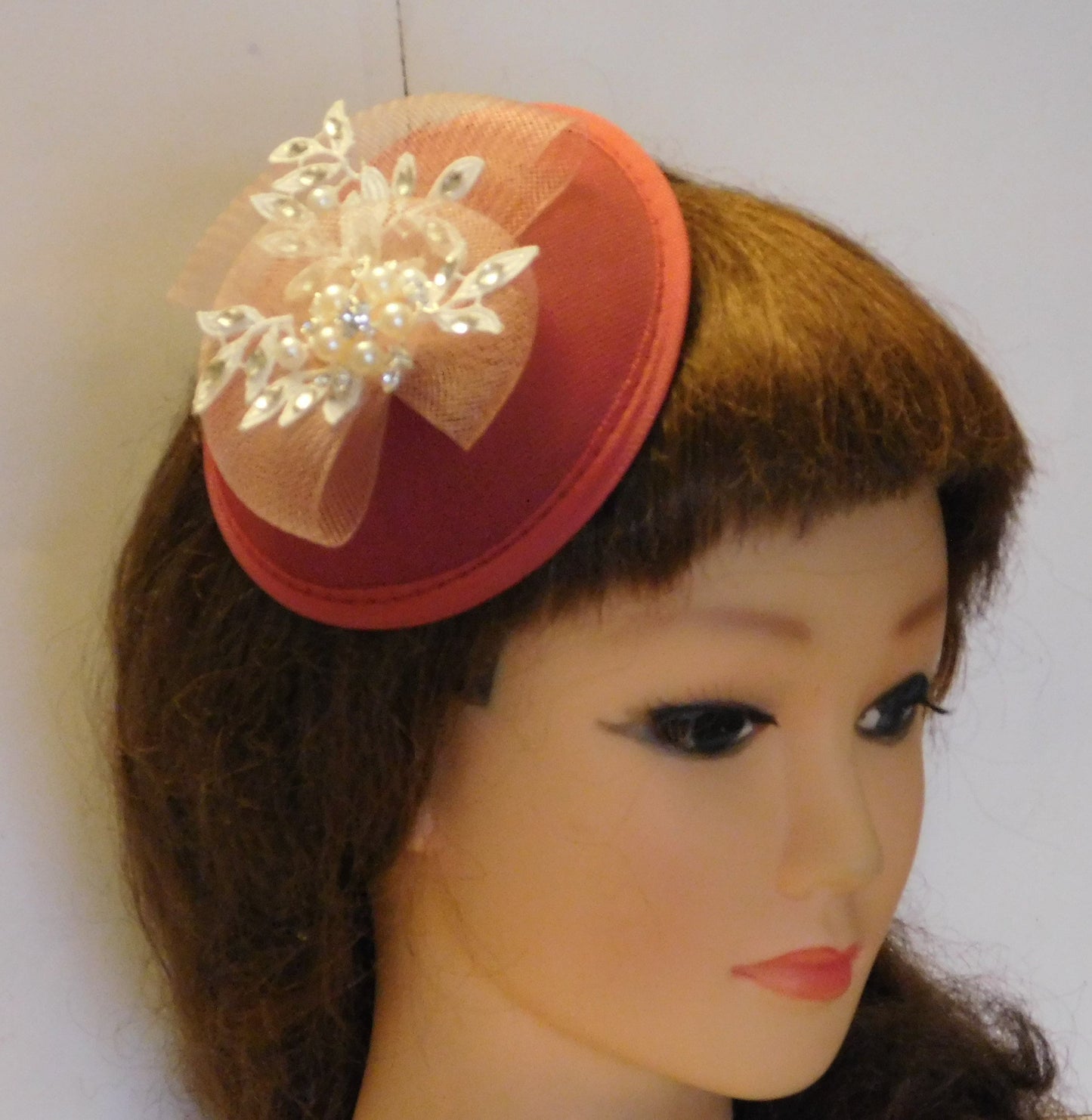Pink Hat Fascinator with pink Bows Crystal Lace and Pearl jewel Wedding,Goodwood revival,Cocktail,Prom hat fascinator