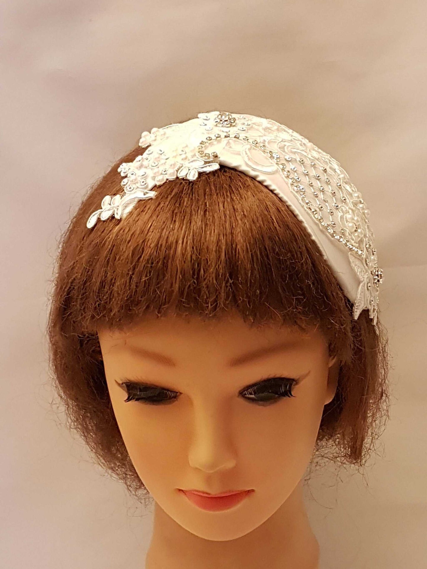 Bridal hair fascinator with birdcage veil, asymmetrical vintage headpiece with pearls and crystals.