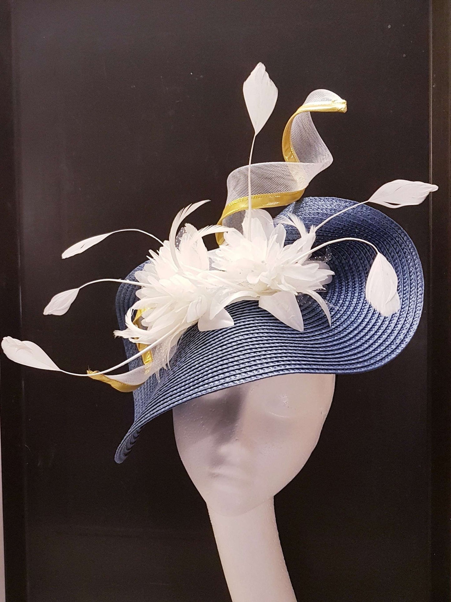 BLUE & WHITE HAT FASCINATOR with spiraled Crinoline