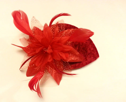 Vintage 40s 50s Hat Red Velvet Teardrop Hat Feather fascinator Red Flower White flower or Black flower Fascinator Race Cocktail wedding hat