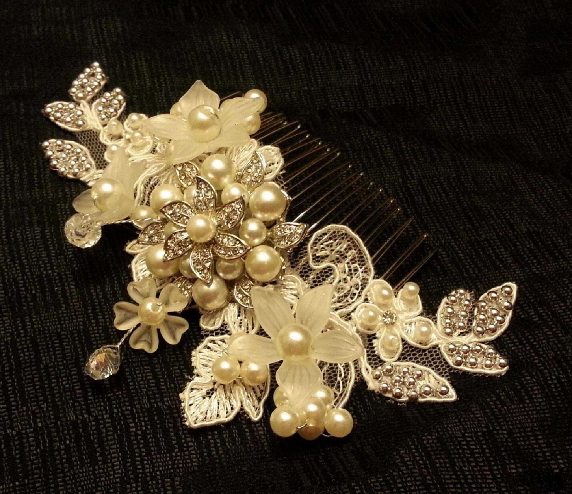 Bridal birdcage veil with detachable pearl and crystal floral lace headpiece.