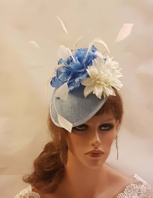 Blue & White fascinator large saucer hatinator Feather Floral Church Derby Ascot Race Wedding TeaParty hat Mother of Bride/Groom Hatinator