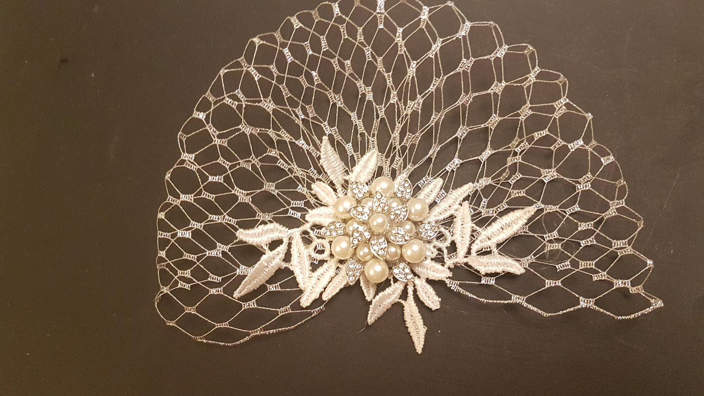 Velo a gabbia per uccelli, fard da sposa, stile anni '20, Boho Gatsby, cristallo per capelli da sposa, pettine e velo in argento metallizzato, copricapo con mini velo francese