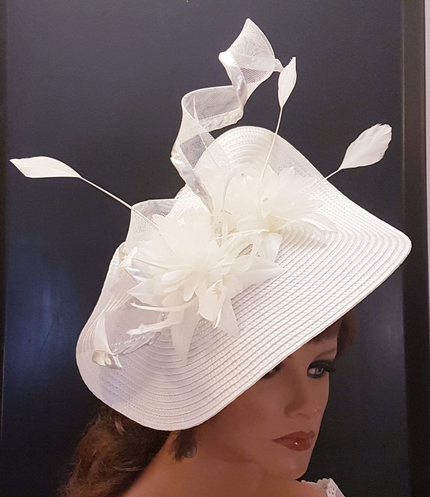White fascinator large saucer hatinator Feather Floral Church Derby Royal Ascot Hat Race Wedding Party hat Mother of Bride/Groom Hatinator