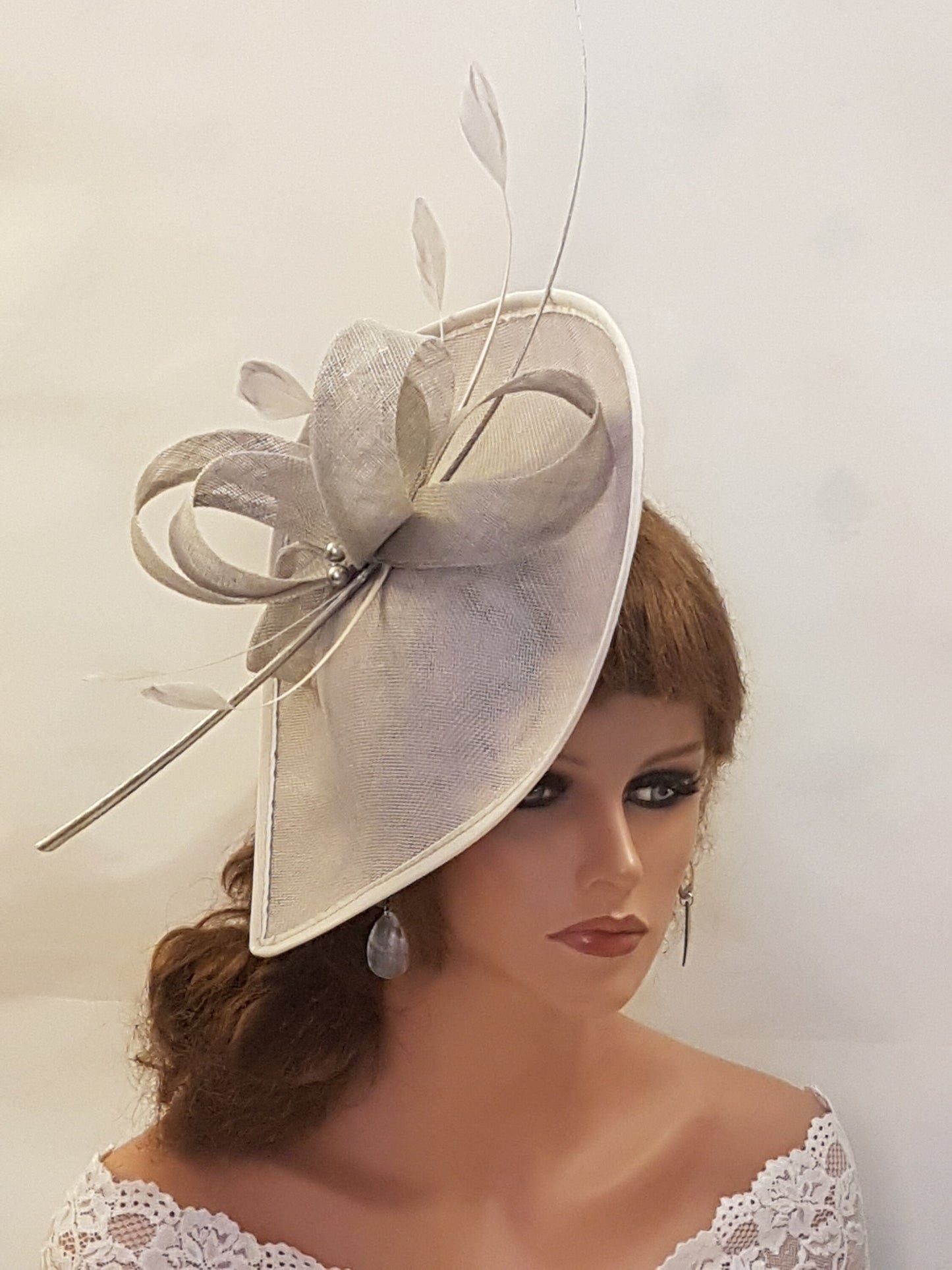 Pale Grey fascinator large Tear drop hatinator long Quil Floral Church Derby, Ascot, Wedding Party hat Mother of Bride/Groom Hatinator