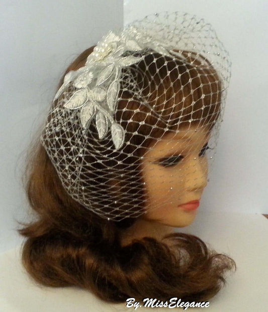 Bird cage veil Wedding bird cage veil SILVER thread lace fascinator, Silver, Black, White & Ivory French net Blusher Veil, crystal or Pearl
