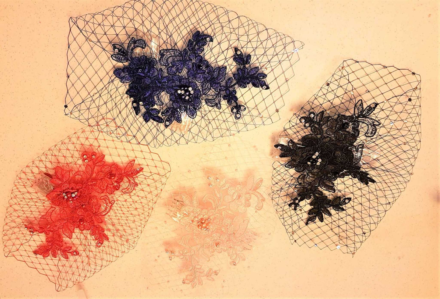 Bridal birdcage veil fascinator with Lace and pearls White, Ivory, Red,Pink,blue